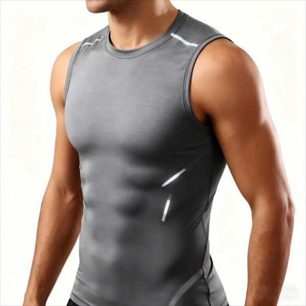 Men's Gray Sleeveless Compression Shirts with Reflective Strips – Safety Baselayer for Night Workouts