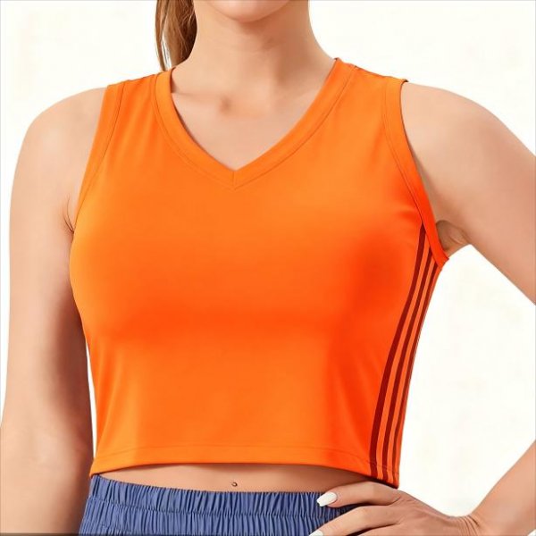 Women's Orange V-Neck Sleeveless Crop Top with Side Stripes – Athletic Yoga Running Tank Top No Padding