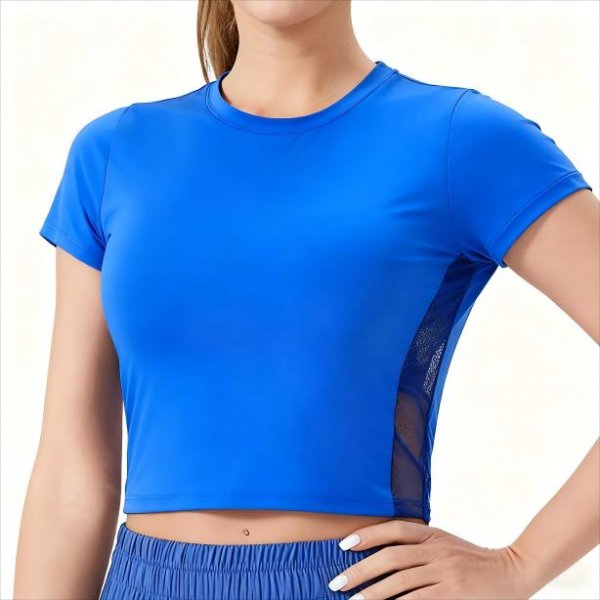 Women's Blue Short-Sleeve Crop Top with Side Mesh – Running Gym Athletic Shirt No Padding