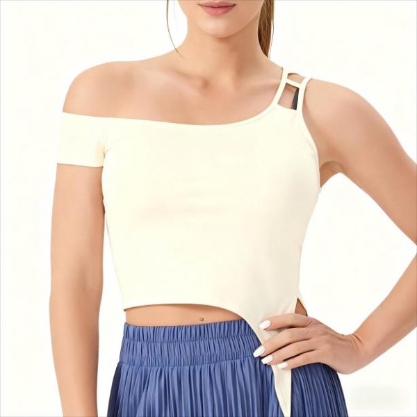 Women's Cream One-Shoulder Sleeveless Crop Top – Workout Yoga Running Shirt with Cutout Detail No Padding